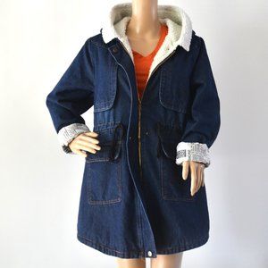 Women's Winter Buttons and Zipper Denim Hood Jackets with Sherpa Liner Size 9